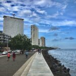 people walking on side walk beside beach